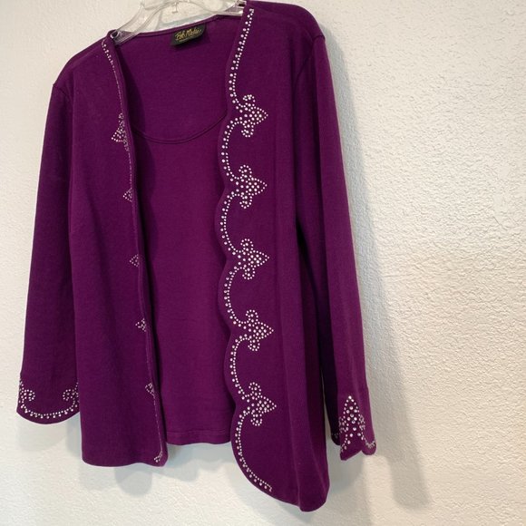 Bob Mackie Wearable Art Cotton Sweater Sequined Built-In Tank Top Purple Large - Picture 3 of 10